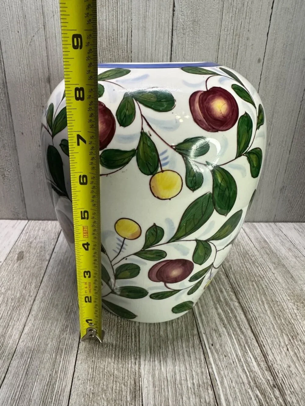 Vintage Chinese Cherry Berry Fruit Painted Vase Jar Red Stamped 8 Inches Tall